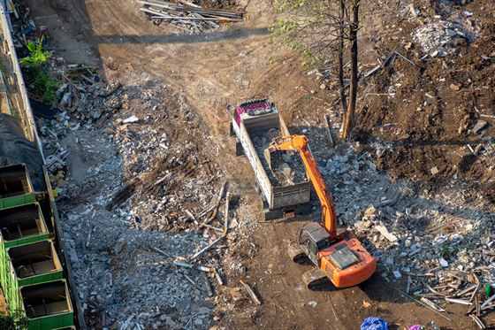 Aerial image of construction site and waste removal